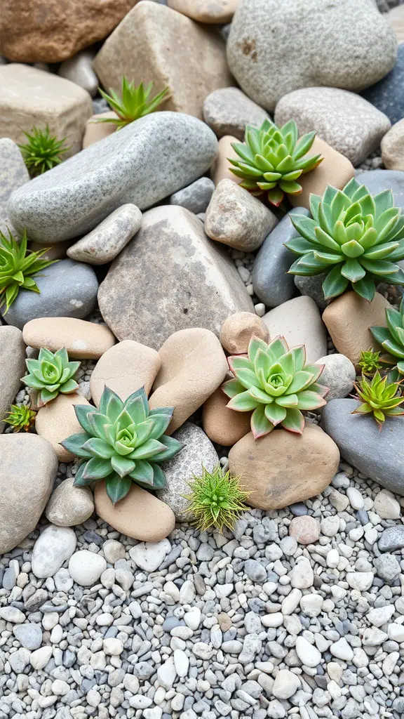 17 Stunning Succulent Garden Ideas for Your Home 6 A rock garden featuring various succulents among smooth stones.