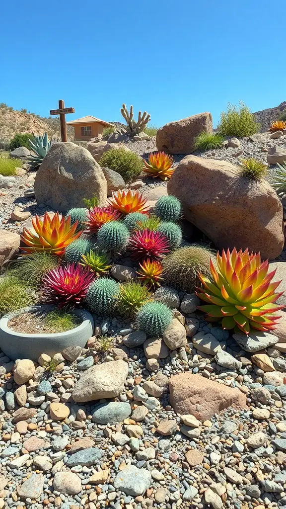 23 Stunning Dry Riverbed Landscaping Ideas to Transform Your Outdoors 4 A colorful succulent rock garden with various plants and rocks under a clear blue sky.
