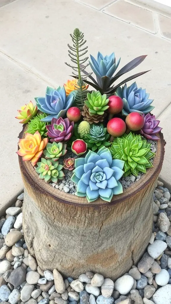 A colorful arrangement of succulents in a tree stump planter, surrounded by small stones.