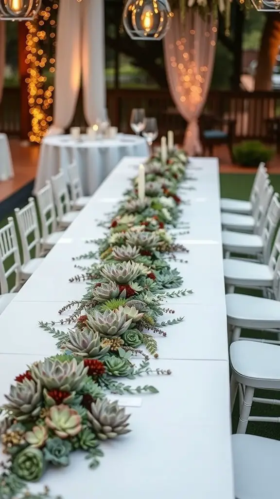 17 Stunning Succulent Garden Ideas for Your Home 16 A long table with a succulent table runner, surrounded by white chairs and soft lighting.