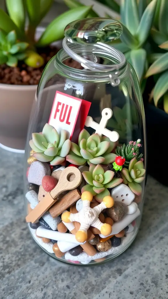 17 Creative Indoor Garden Ideas to Transform Your Space 2 A glass terrarium filled with succulents, colorful pebbles, and decorative items.