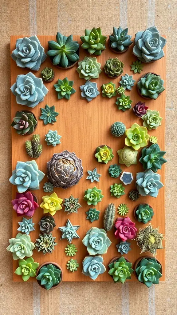 19 Creative Garden Wall Ideas to Transform Your Outdoor Space 5 A colorful arrangement of various succulents on a wooden board, showcasing different shapes and colors.