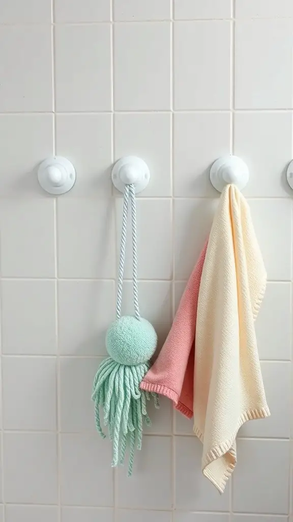 15+ Stylish Shower Storage Ideas to Maximize Space 13 Suction cup hooks on a tiled wall holding a mint green octopus-shaped item and two colorful towels.