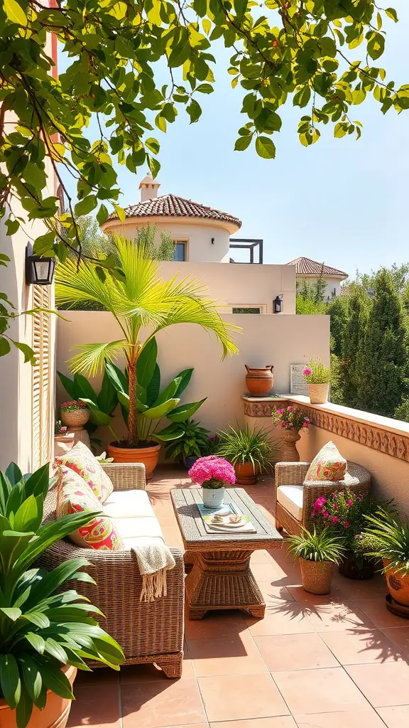 19 Stunning Mediterranean Garden Ideas You’ll Love 11 A cozy Mediterranean terrace with wicker seating, vibrant plants, and a small table.
