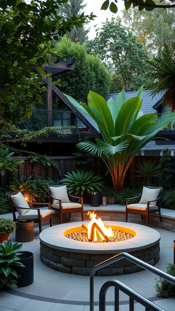 17 Creative DIY Fire Pit Ideas for Your Backyard 8 A sunken fire pit area with stone seating, surrounded by lush greenery and palm plants.