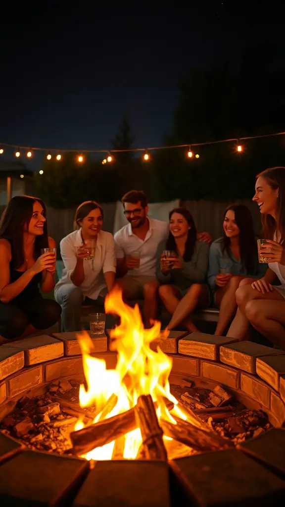 A group of friends gathered around a sunken fire pit, enjoying drinks and laughter under string lights at night.
