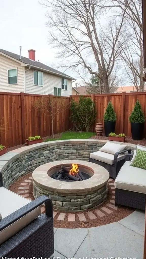 A cozy sunken fire pit surrounded by seating in a small yard.