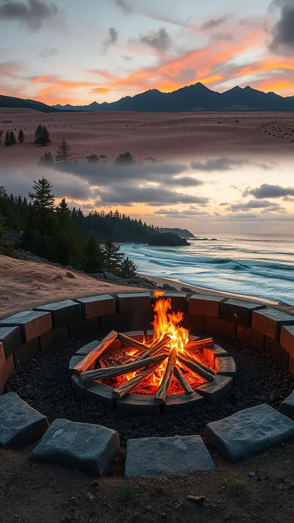 A sunken fire pit with logs burning brightly, surrounded by stone in a scenic outdoor setting.