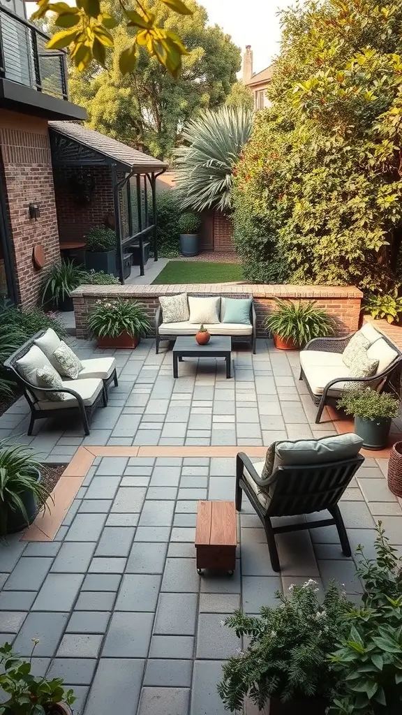 29 Stunning Outdoor Paver Patio Ideas to Transform Your Backyard 17 A sunken paver lounge area with comfortable seating and surrounding greenery.