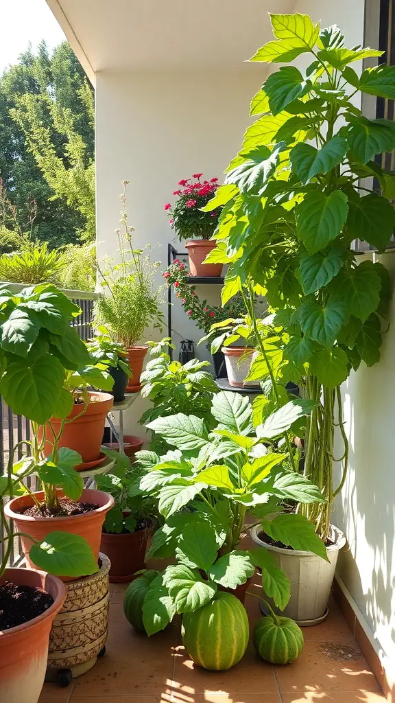 19 Must-Have Vegetables for Your Balcony Garden 7 A balcony garden filled with various plants, showcasing vibrant green leaves and colorful flowers under bright sunlight.
