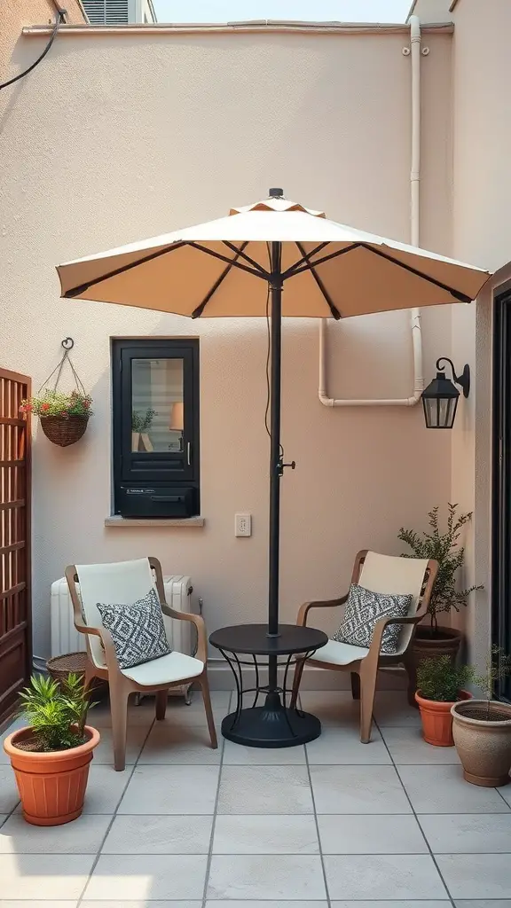 15 Creative Tiny Patio Ideas for Your Outdoor Space 14 A small patio with two chairs, a table, and a large umbrella providing shade.