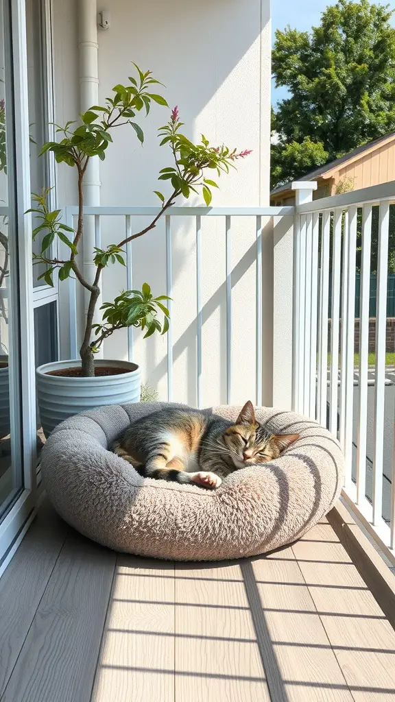 21 Creative Cat Balcony Ideas for a Purr-fect Outdoor Retreat 6 A cat sleeping in a fluffy bed on a balcony with a plant nearby