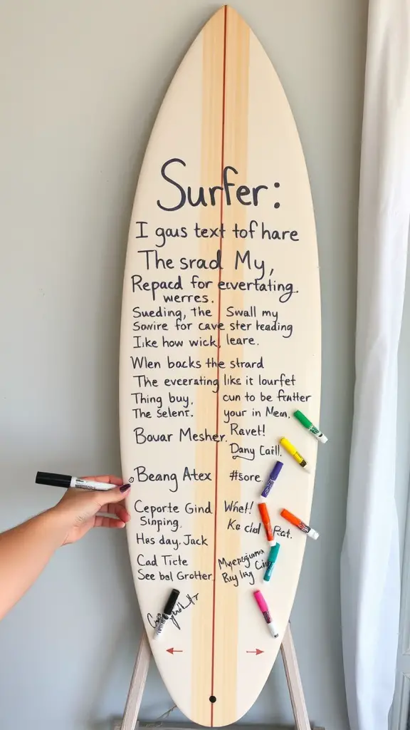 21 Coastal Baby Shower Theme Ideas You’ll Love 12 A surfboard guest book with colorful markers for signing messages at a baby shower.