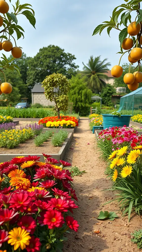 23 Stunning Dream Garden Ideas to Transform Your Outdoor Space 5 A colorful garden with flowers and fruit trees, showcasing a sustainable edible landscape.