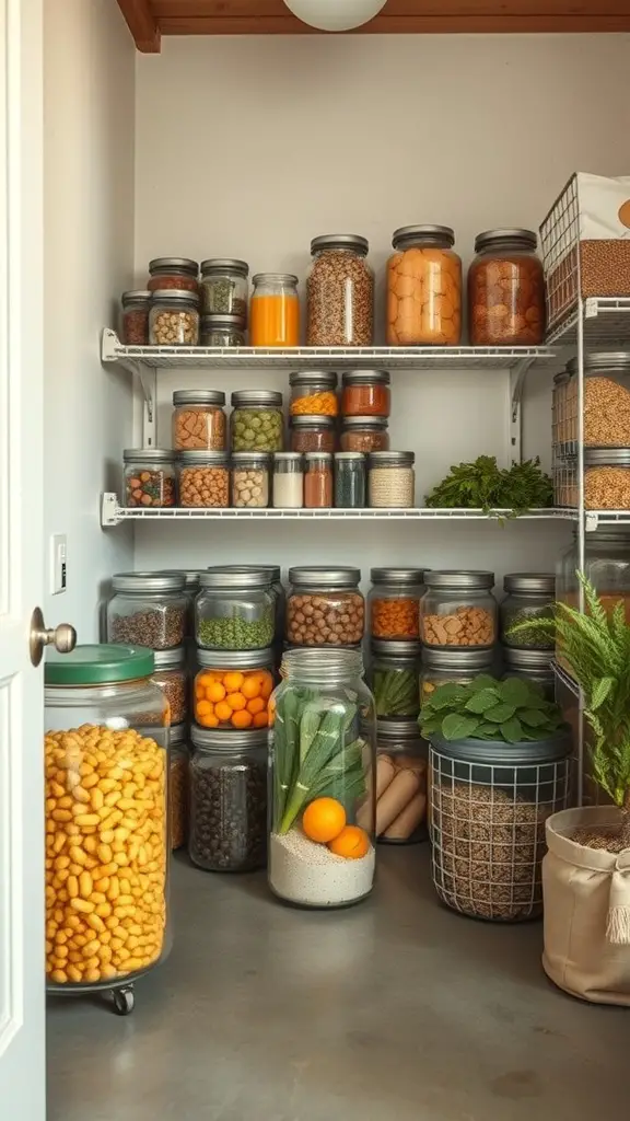15+ Essential Food Storage Room Ideas for Your Home 11 A well-organized food storage room with various jars and containers filled with preserved foods.