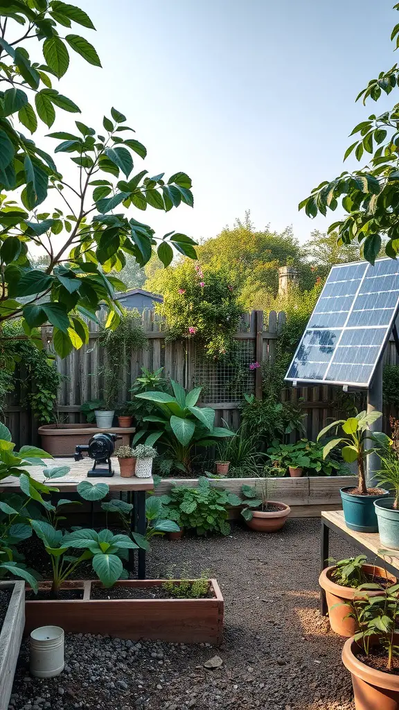 23 Inspiring Garden House Ideas for Your Outdoor Oasis 14 A sustainable garden workspace featuring a solar panel, wooden tables, and various plants.
