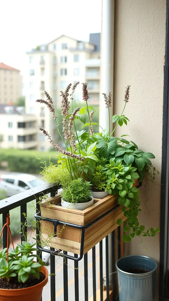 23 Creative Balcony Railing Planters to Transform Your Outdoor Space 16 A balcony railing planter filled with various plants, showcasing sustainable gardening practices.