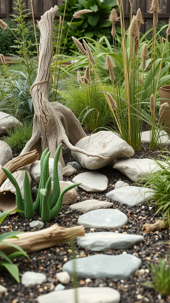 15 Creative Junk Garden Ideas to Transform Your Backyard 7 A garden featuring stones, driftwood, and various grasses, showcasing sustainable gardening with found objects.