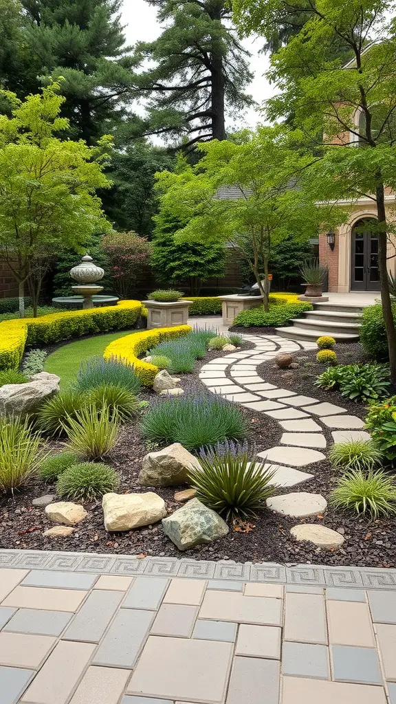 A beautifully landscaped backyard featuring a winding stone path, lush greenery, and decorative elements.