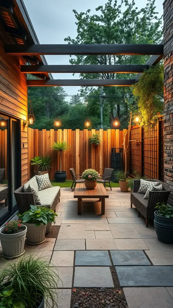 15 Inspiring Outdoor Patio Ideas for Your Dream Space 17 A cozy outdoor patio featuring stone pavers, wooden elements, and greenery, with comfortable seating and warm lighting.