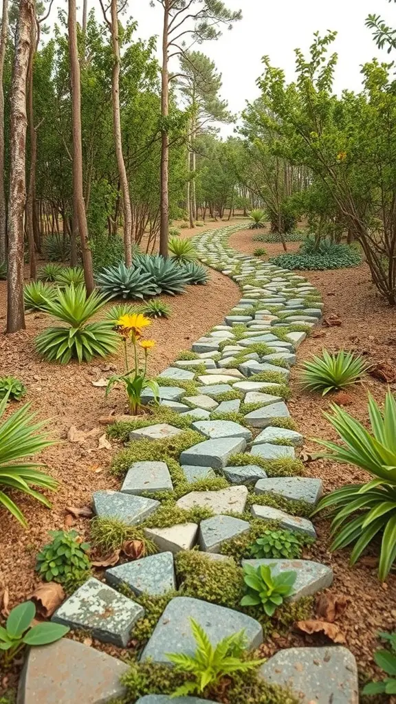 19 Stunning Paver Pathway Ideas to Transform Your Garden 11 A winding pathway made of natural stones surrounded by greenery in a garden.