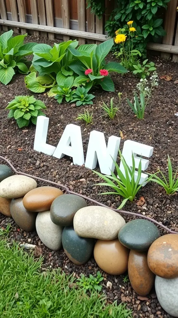 21 Creative Garden Border Ideas You Can Try Today 11 A garden with a stone border and a sign that reads 'LANE', featuring various plants.