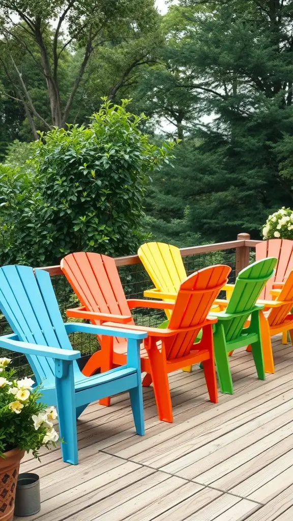 23 Stylish Outdoor Furniture Ideas for Your Dream Patio 7 Colorful recycled plastic deck chairs on a wooden deck surrounded by greenery