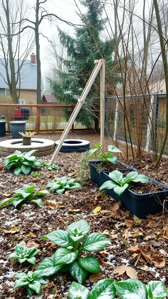 A winter garden with green plants and a light dusting of snow, featuring raised beds and a wooden structure.