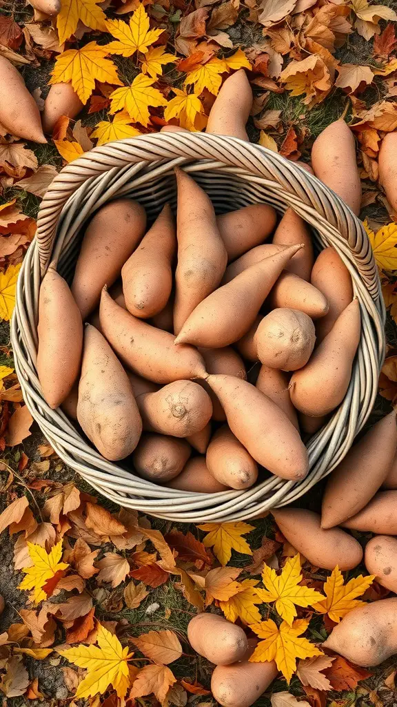 19 Creative Fall Vegetable Garden Ideas for a Bountiful Harvest 5 A basket filled with sweet potatoes on a bed of colorful autumn leaves.