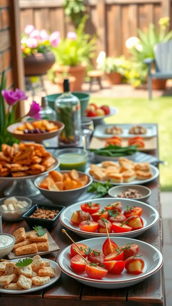 15 Must-Have Essentials for the Perfect Backyard Garden Party 9 A variety of finger foods and appetizers set up for a backyard garden party, including skewers, crackers, dips, and fresh fruits.