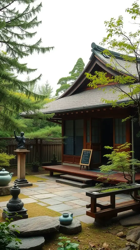 21 Inspiring Japanese Garden Ideas You’ll Love 6 A traditional Japanese tea house surrounded by greenery and stone pathways.