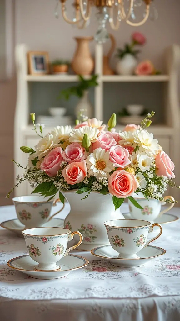 21 Adorable Baby Shower Table Centerpieces for Your Celebration 8 A tea party inspired centerpiece featuring a floral arrangement of pink roses and white daisies in a porcelain vase, surrounded by vintage tea cups and a lace tablecloth.