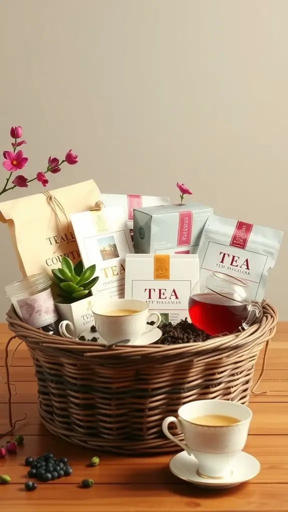 15 Creative Dollar Tree Gift Basket Ideas for Any Occasion 2 A beautifully arranged tea gift basket with various tea packages, a teacup, and a small plant.
