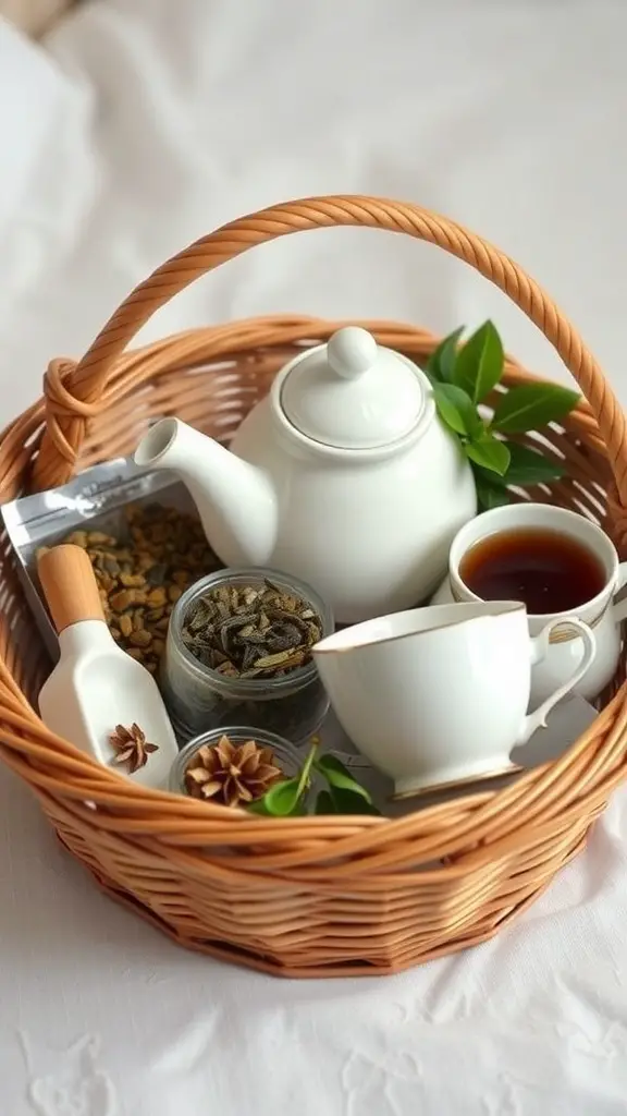 21 Creative Auction Basket Ideas You’ll Love 15 A wicker basket containing a white teapot, a teacup, jars of tea leaves, and fresh green leaves.