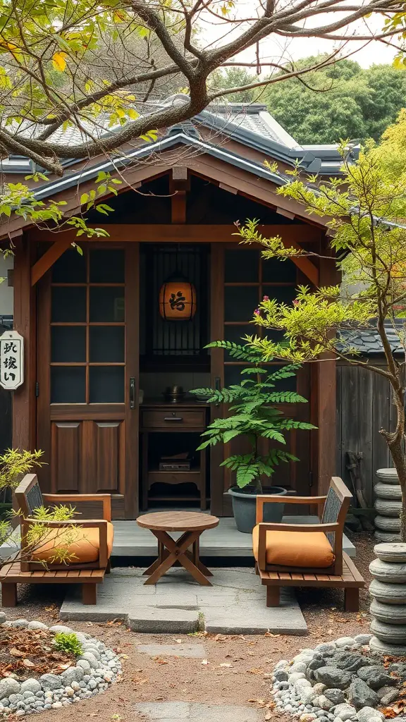 A cozy teahouse nook in a Japanese garden with wooden chairs and a small table surrounded by greenery.