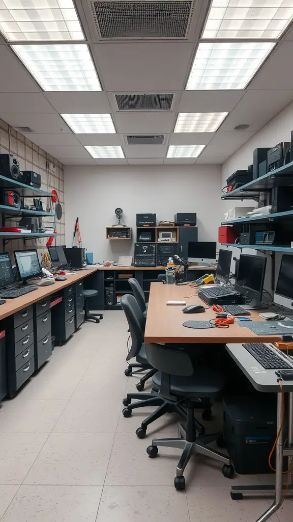 A tech lab featuring multiple workstations with computers and tools, showcasing a variety of gadgets on shelves.