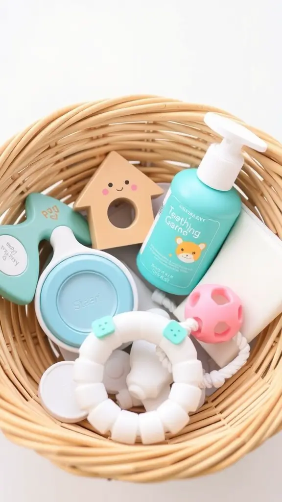 21 Thoughtful Baby Shower Basket Gift Ideas 10 A wicker basket filled with teething relief items including toys and teething gel.