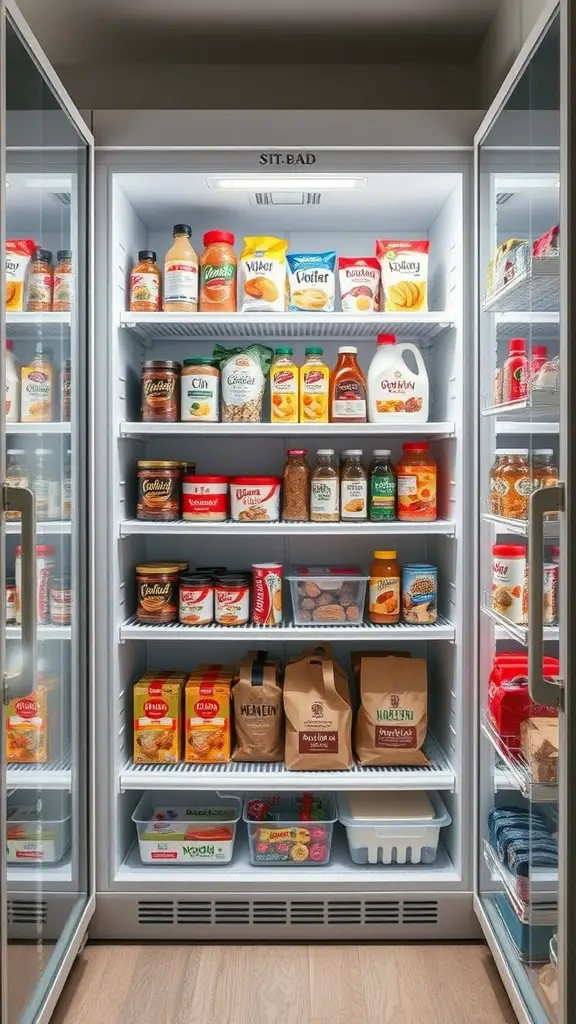 15+ Essential Food Storage Room Ideas for Your Home 9 A well-organized temperature-controlled pantry with various food items neatly arranged.