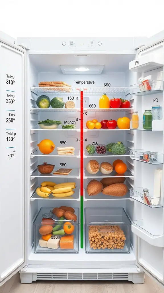 Organized fridge with temperature zones marked for optimal food storage
