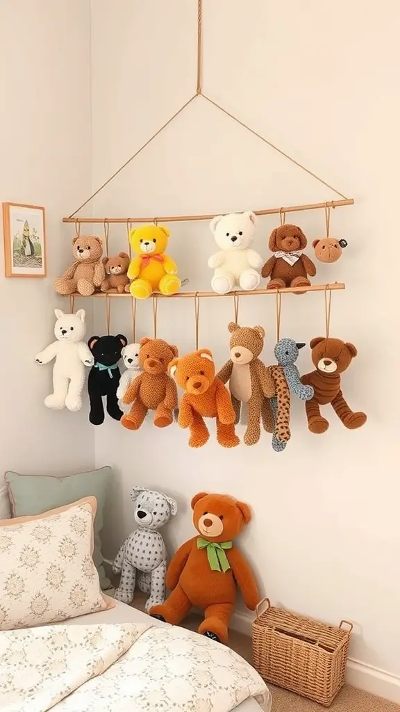 21 Creative Stuffed Animal Storage Ideas for a Tidy Space 15 A display of stuffed animals hanging from a tension rod in a cozy room.
