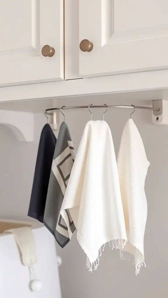 19 Affordable Dollar Tree Kitchen Organization Ideas You Need to Try 14 A tension rod holding kitchen towels under a cabinet.