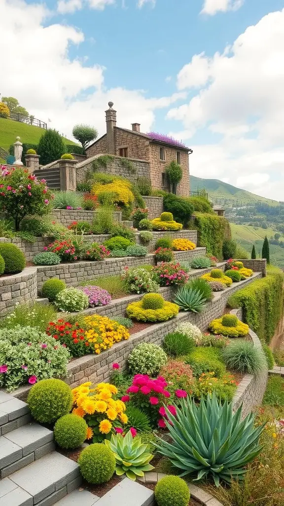19 Creative Steep Hill Landscaping Ideas to Transform Your Yard 2 A terraced garden design featuring colorful flowers and plants on a steep hillside.