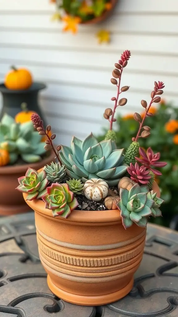 21 Gorgeous Fall Planters to Brighten Your Garden 9 A terracotta planter filled with various succulents and decorative elements like small pumpkins.