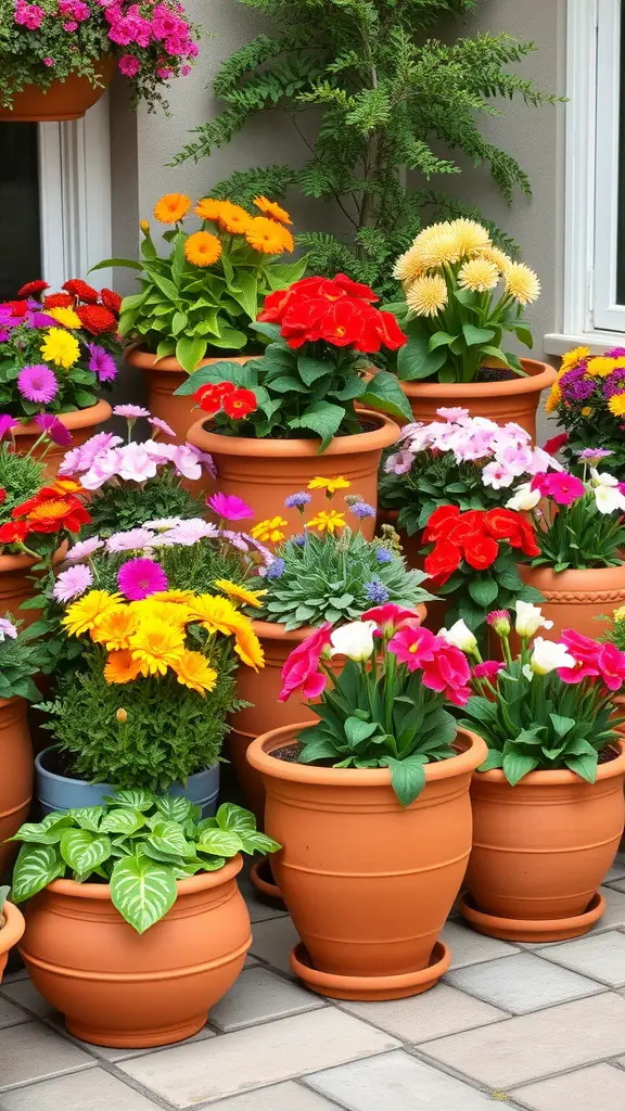 21 Stunning Mexican Patio Hacienda Style Ideas for Your Outdoor Space 15 Colorful terracotta planters filled with various flowers on a patio