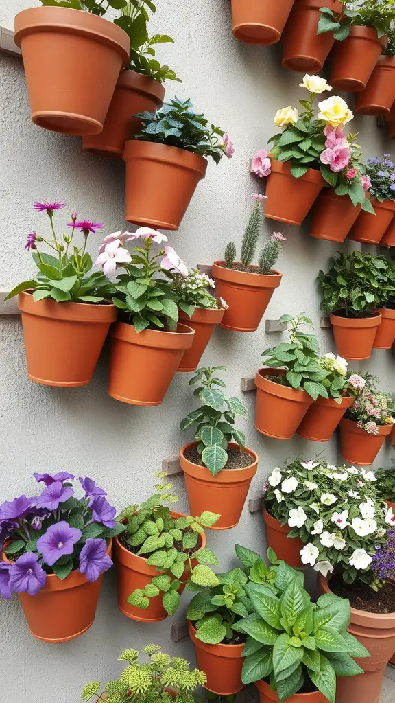 19 Creative Garden Wall Ideas to Transform Your Outdoor Space 15 A vertical garden display featuring terracotta pots with various colorful flowers mounted on a wall.