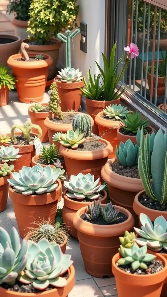19 Stunning Mediterranean Garden Ideas You’ll Love 6 A collection of terracotta pots filled with various succulents, showcasing a vibrant and inviting garden space.