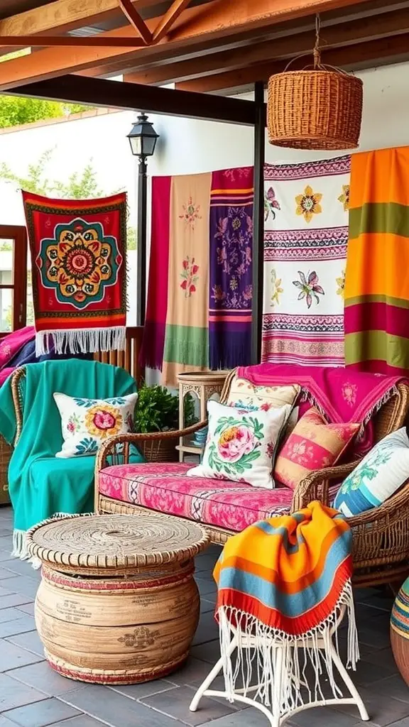 21 Stunning Mexican Patio Hacienda Style Ideas for Your Outdoor Space 7 Vibrant Mexican textiles and fabrics displayed on a patio, showcasing colorful blankets and throws.