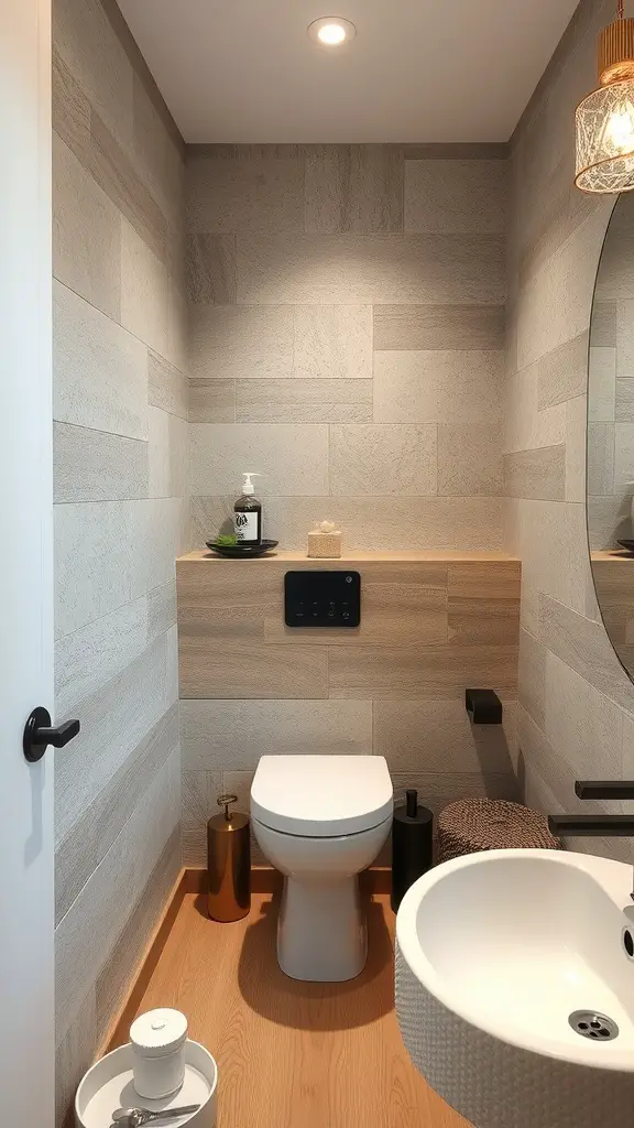 19 Stunning Small Full Bathroom Ideas for Maximum Style 13 A small bathroom featuring textured stone-like wall tiles, wooden accents, and modern fixtures.