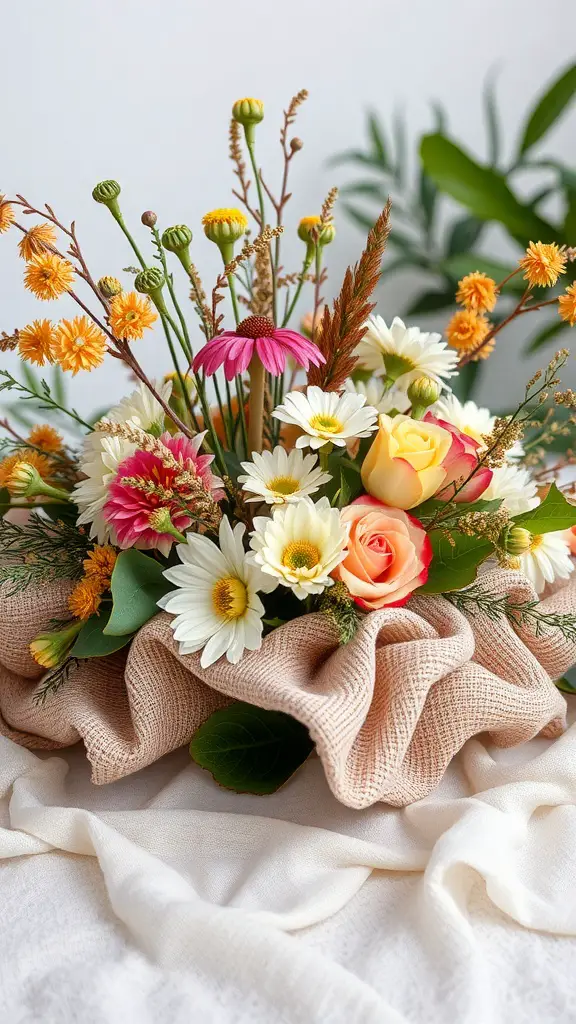 A centerpiece featuring a mix of vibrant flowers arranged on textured fabric.