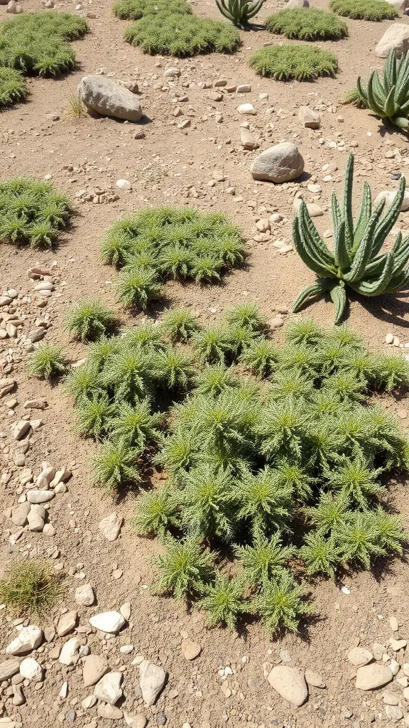 23 Stunning Dry Riverbed Landscaping Ideas to Transform Your Outdoors 14 A dry riverbed landscape featuring clusters of green ground cover plants and scattered stones.